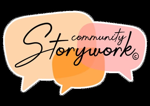 Community Storywork logo featuring overlapping speech bubbles in peach, pink, and orange with black script text