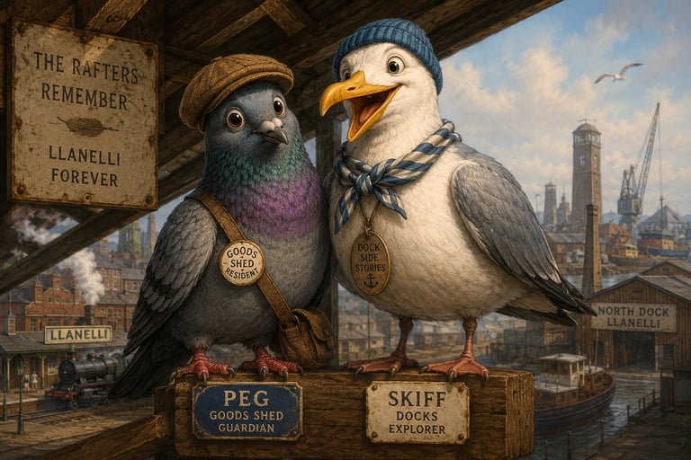 Two anthropomorphic birds named Peg and Skiff wearing hats and medallions stand together overlooking a cityscape