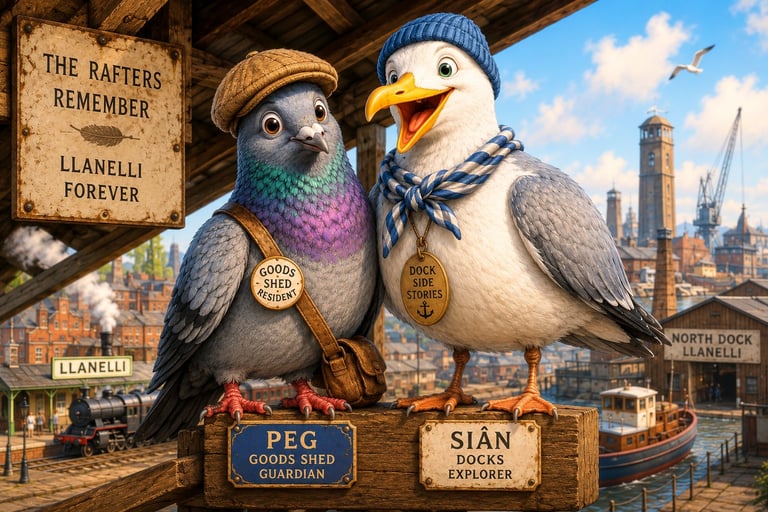 Two animated birds dressed as explorers in a dockside setting with London skyline background. Sign reads The Rafters Remember Llanelli Forever